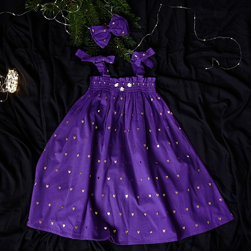 [bonjour] LONG SKIRT DRESS WITH HAIR CLIP  - Purple Tulle gold heart print